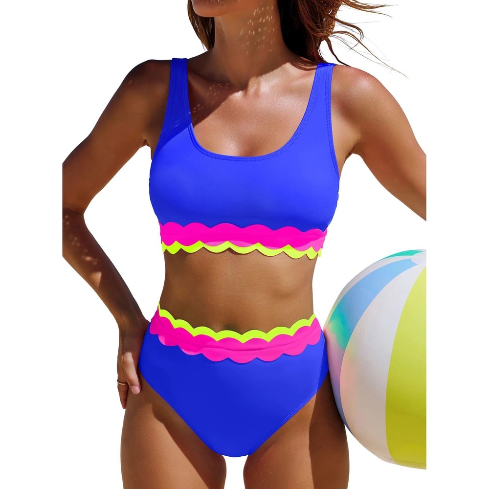 NWT Popvil Neon Scalloped Trim High Waisted Bikini Set Blue Medium